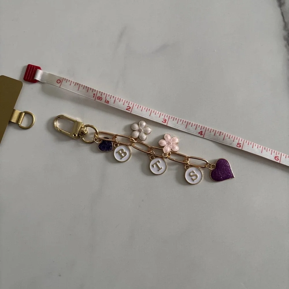 BTS Phone Charm Keychain / Purple Hearts & Flowers / Gold K-Pop Accessory / Army
